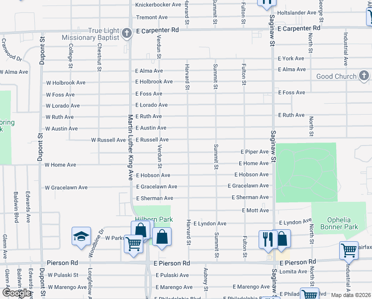 map of restaurants, bars, coffee shops, grocery stores, and more near 257 East Piper Avenue in Flint