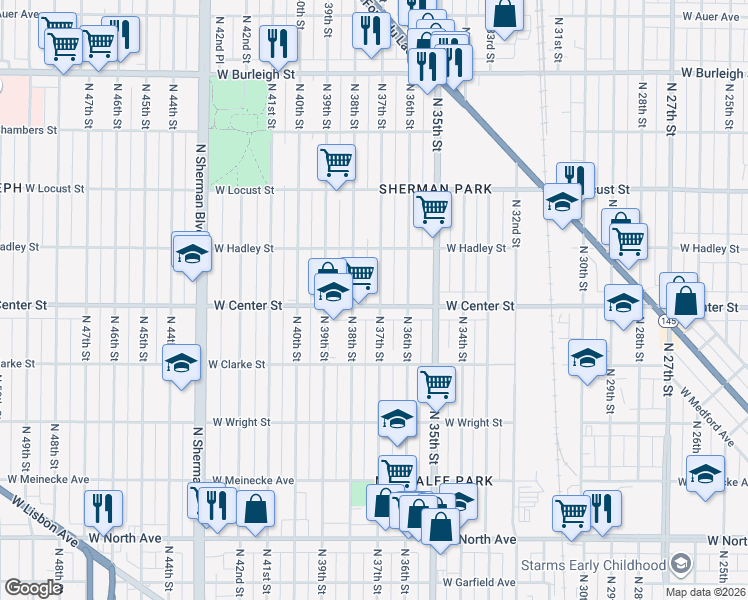 map of restaurants, bars, coffee shops, grocery stores, and more near 2703 North 37th Street in Milwaukee