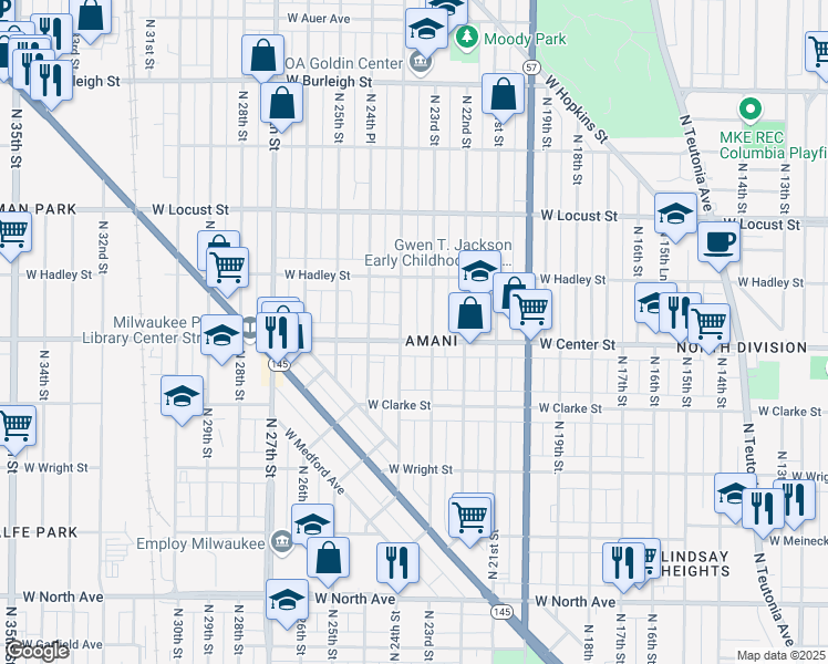 map of restaurants, bars, coffee shops, grocery stores, and more near 2320 West Center Street in Milwaukee
