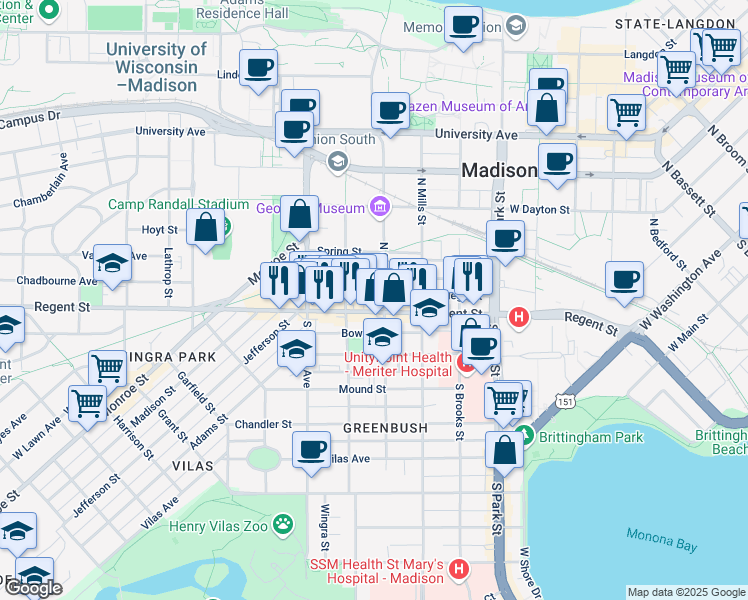 map of restaurants, bars, coffee shops, grocery stores, and more near 1202 Regent Street in Madison