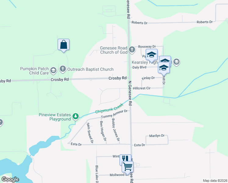 map of restaurants, bars, coffee shops, grocery stores, and more near 4470 North Hillcrest Circle in Flint