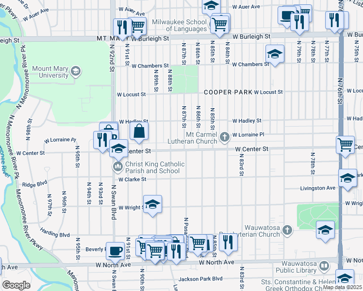 map of restaurants, bars, coffee shops, grocery stores, and more near 2705 N 87th St in Milwaukee