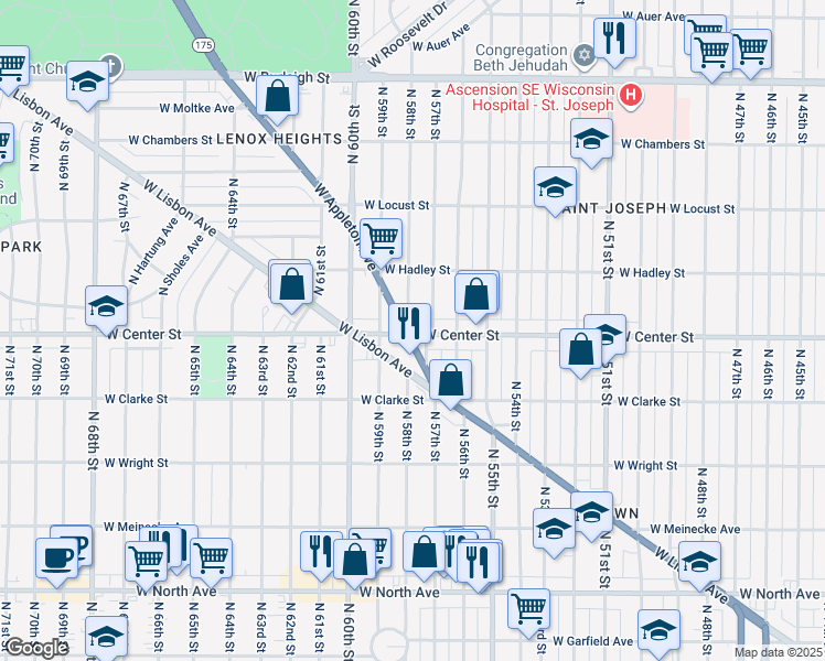map of restaurants, bars, coffee shops, grocery stores, and more near 5724 West Center Street in Milwaukee