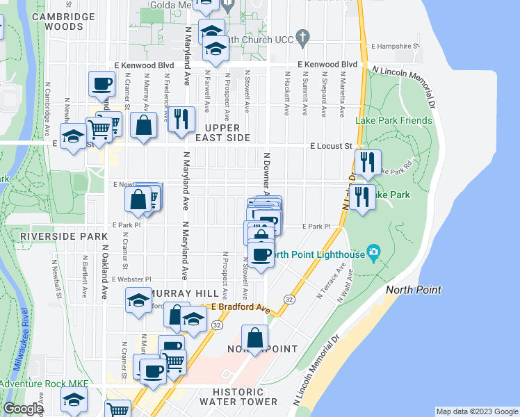 map of restaurants, bars, coffee shops, grocery stores, and more near 2735 North Downer Avenue in Milwaukee