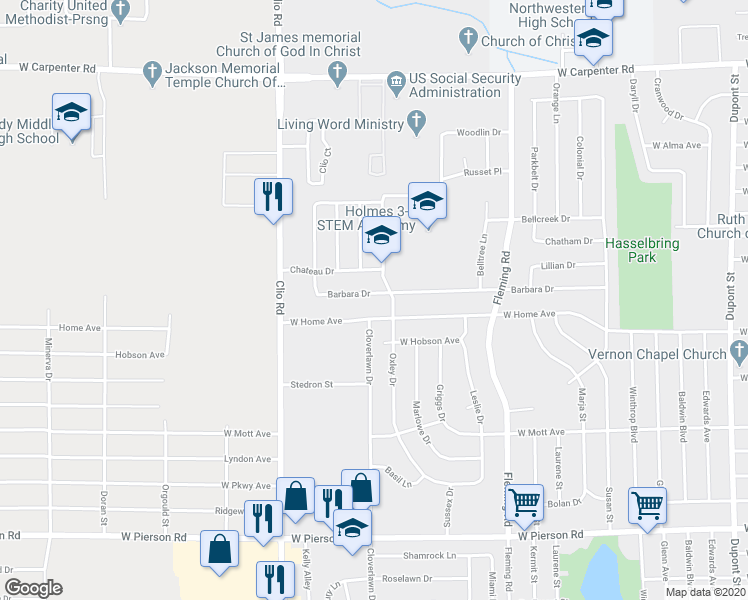 map of restaurants, bars, coffee shops, grocery stores, and more near 2013 Barbara Drive in Flint