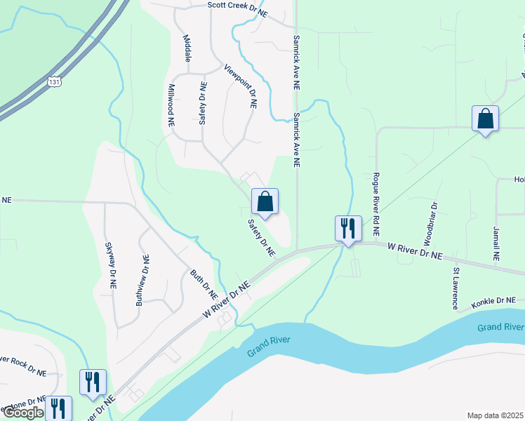 map of restaurants, bars, coffee shops, grocery stores, and more near 5800 Safety Drive Northeast in Plainfield charter Township