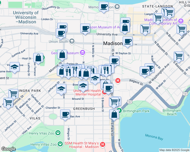map of restaurants, bars, coffee shops, grocery stores, and more near 15 North Mills Street in Madison