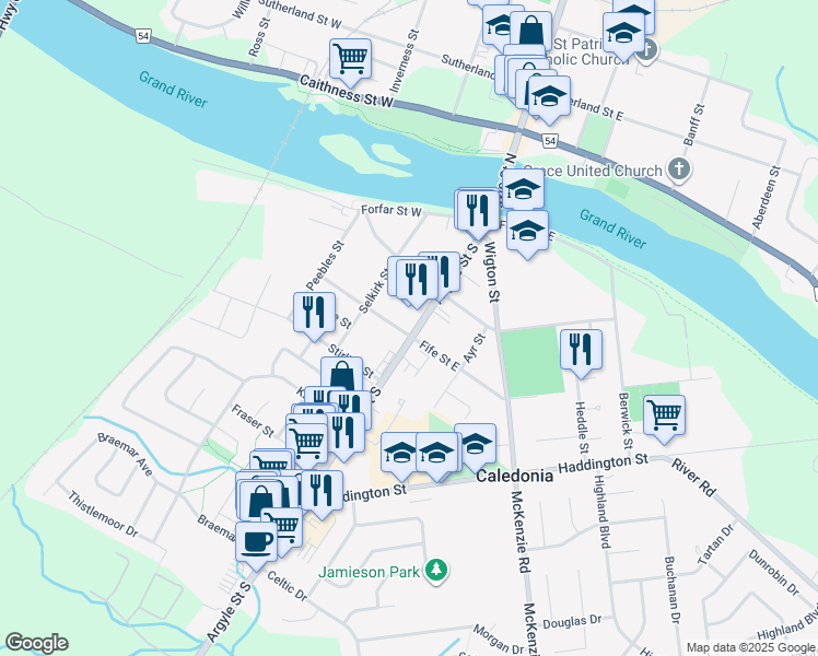 map of restaurants, bars, coffee shops, grocery stores, and more near 141 Argyle Street South in Caledonia