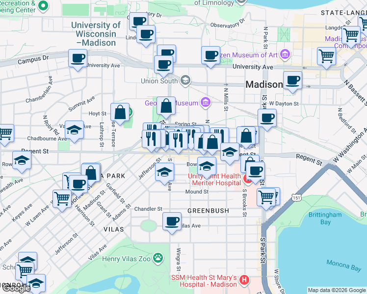 map of restaurants, bars, coffee shops, grocery stores, and more near 1308 Regent Street in Madison