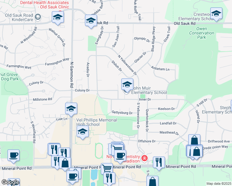 map of restaurants, bars, coffee shops, grocery stores, and more near 6701 Colony Drive in Madison