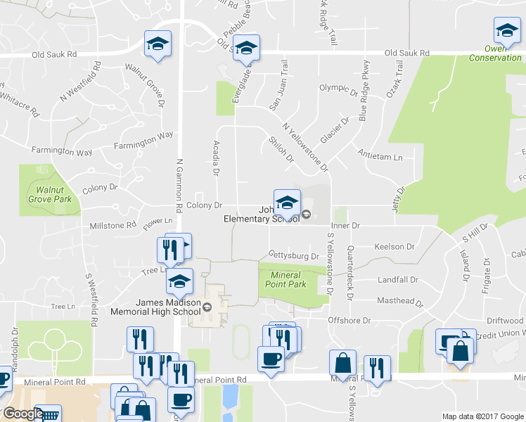 map of restaurants, bars, coffee shops, grocery stores, and more near 6713 Colony Drive in Madison