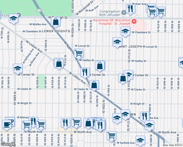 map of restaurants, bars, coffee shops, grocery stores, and more near 5622 West Center Street in Milwaukee