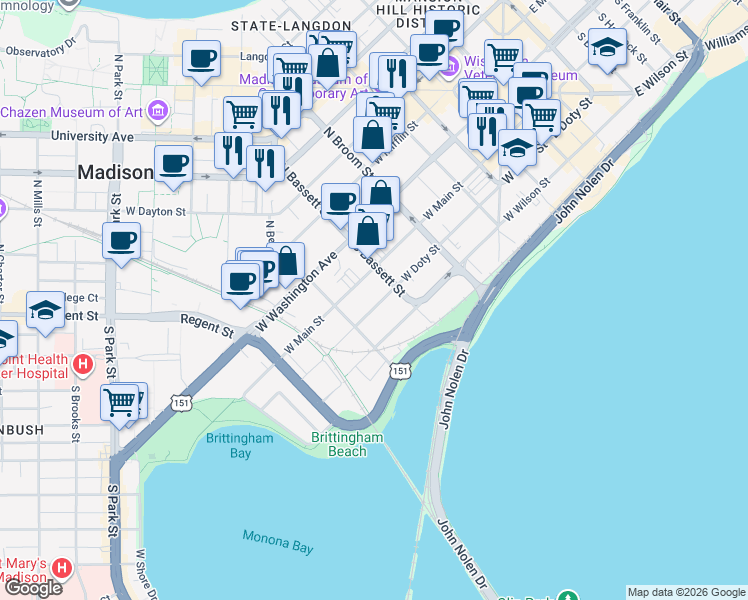 map of restaurants, bars, coffee shops, grocery stores, and more near 524 West Doty Street in Madison
