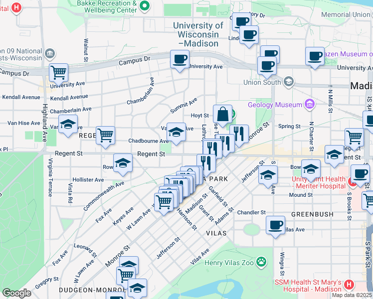 map of restaurants, bars, coffee shops, grocery stores, and more near 5 North Spooner Street in Madison