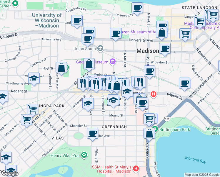 map of restaurants, bars, coffee shops, grocery stores, and more near 15 Coyne Court in Madison