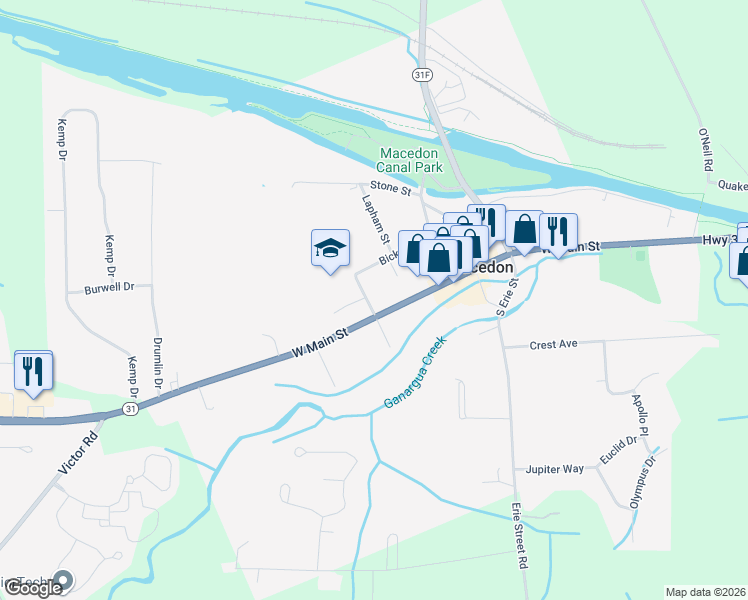 map of restaurants, bars, coffee shops, grocery stores, and more near 46 West Main Street in Macedon