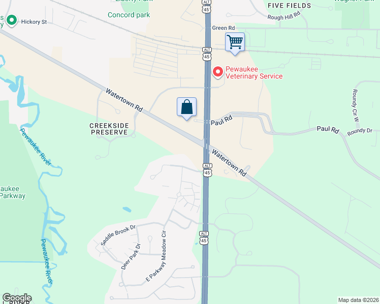 map of restaurants, bars, coffee shops, grocery stores, and more near W240N2687 Pewaukee Road in Pewaukee