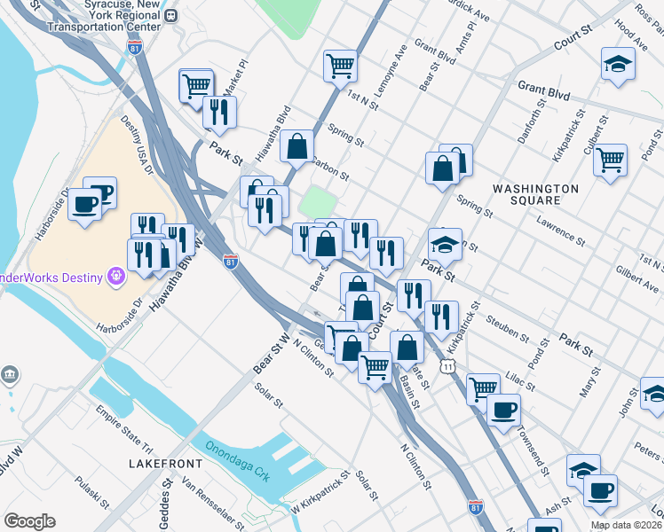 map of restaurants, bars, coffee shops, grocery stores, and more near in Syracuse
