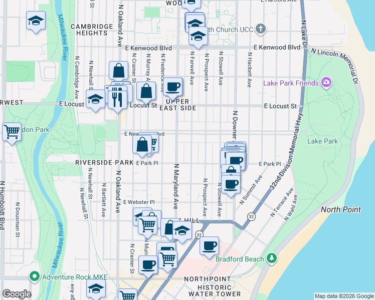 map of restaurants, bars, coffee shops, grocery stores, and more near 2723 North Farwell Avenue in Milwaukee