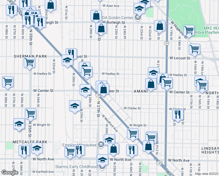 map of restaurants, bars, coffee shops, grocery stores, and more near 2608 West Center Street in Milwaukee