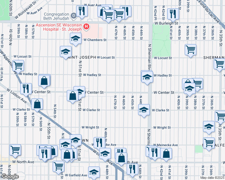 map of restaurants, bars, coffee shops, grocery stores, and more near 4730 West Center Street in Milwaukee