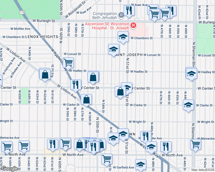 map of restaurants, bars, coffee shops, grocery stores, and more near 5401 West Center Street in Milwaukee