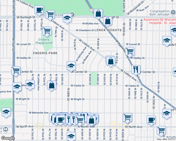 map of restaurants, bars, coffee shops, grocery stores, and more near 6520 West Center Street in Milwaukee