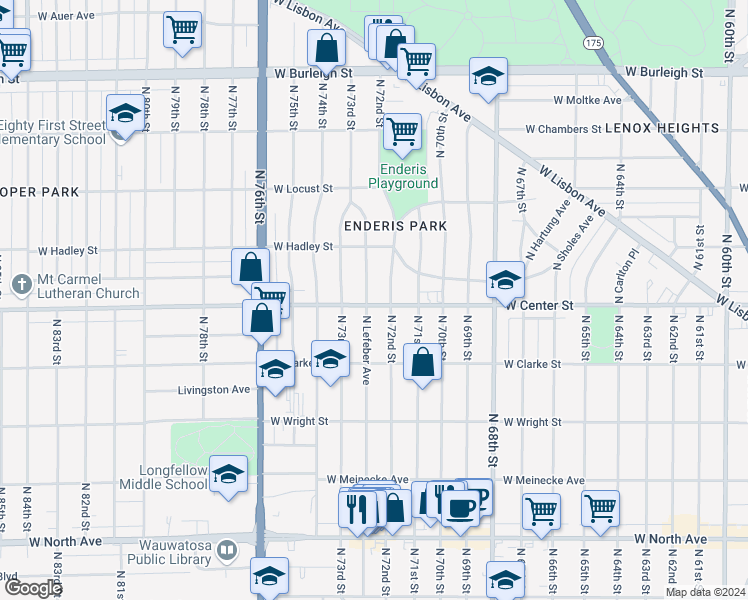 map of restaurants, bars, coffee shops, grocery stores, and more near 7200 West Center Street in Milwaukee