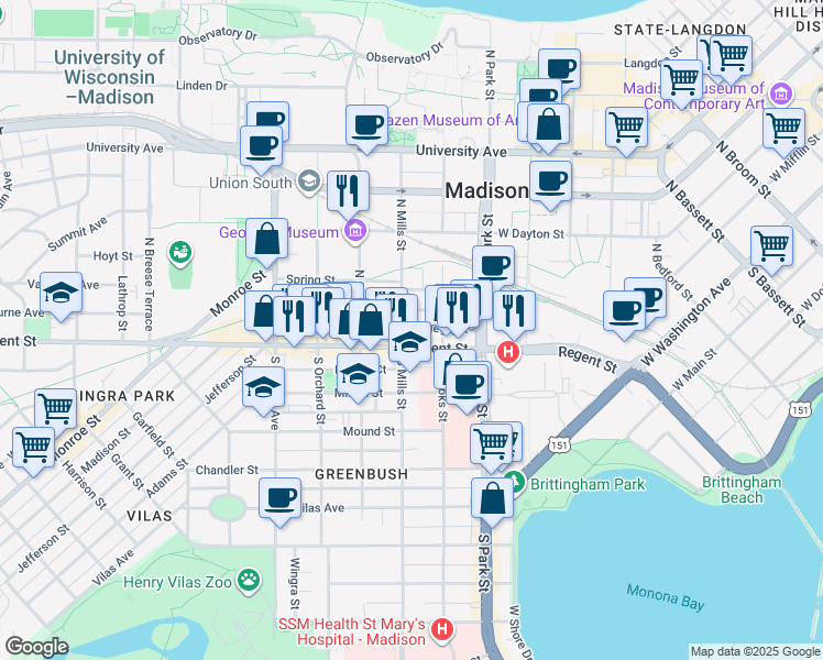 map of restaurants, bars, coffee shops, grocery stores, and more near 1020 Regent Street in Madison