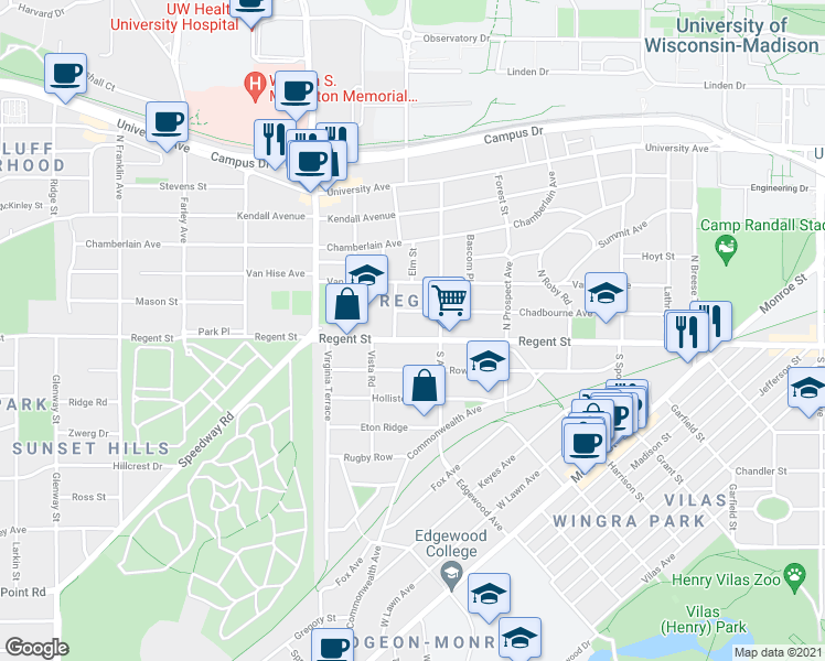 map of restaurants, bars, coffee shops, grocery stores, and more near 2224 Regent Street in Madison