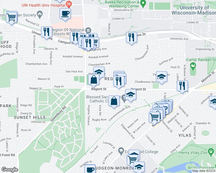 map of restaurants, bars, coffee shops, grocery stores, and more near 2224 Regent Street in Madison