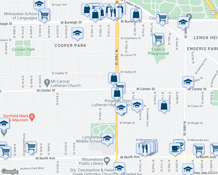 map of restaurants, bars, coffee shops, grocery stores, and more near 7636 West Center Street in Milwaukee