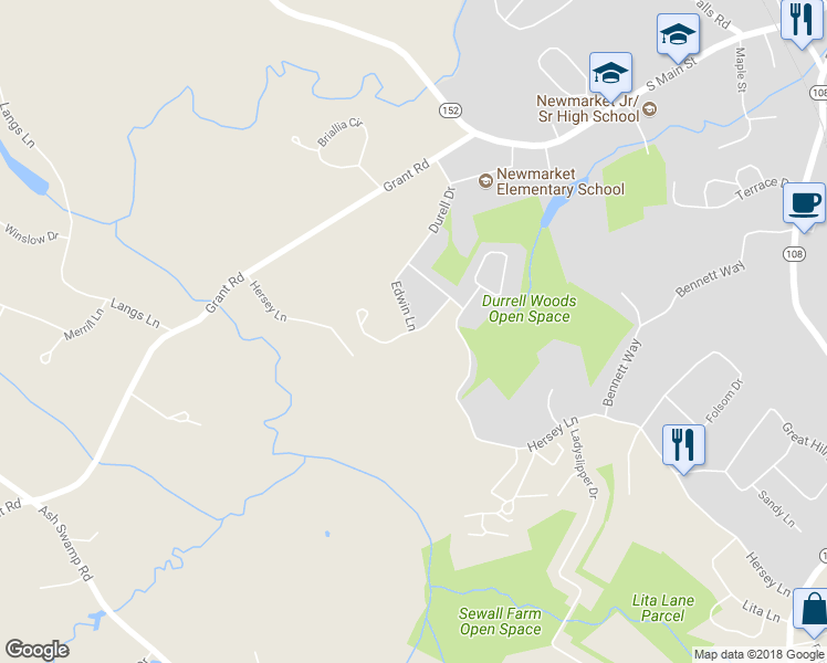 map of restaurants, bars, coffee shops, grocery stores, and more near 37 Kimball Way in Newmarket