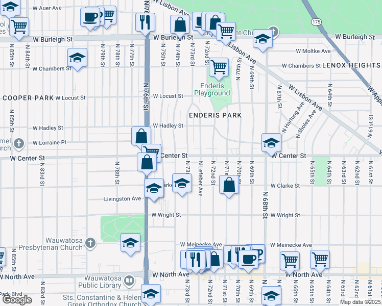 map of restaurants, bars, coffee shops, grocery stores, and more near 7260 West Center Street in Wauwatosa