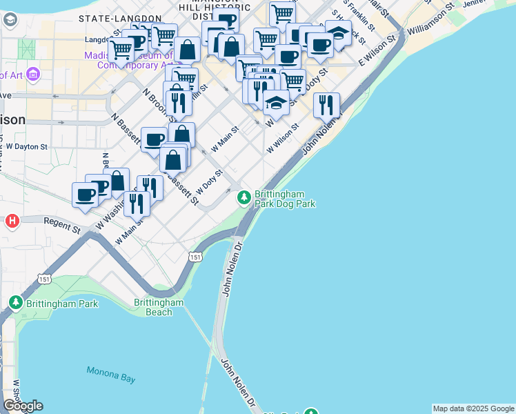 map of restaurants, bars, coffee shops, grocery stores, and more near 79 John Nolen Drive in Madison
