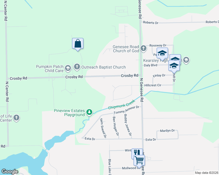 map of restaurants, bars, coffee shops, grocery stores, and more near 4414 North Hillcrest Circle in Flint