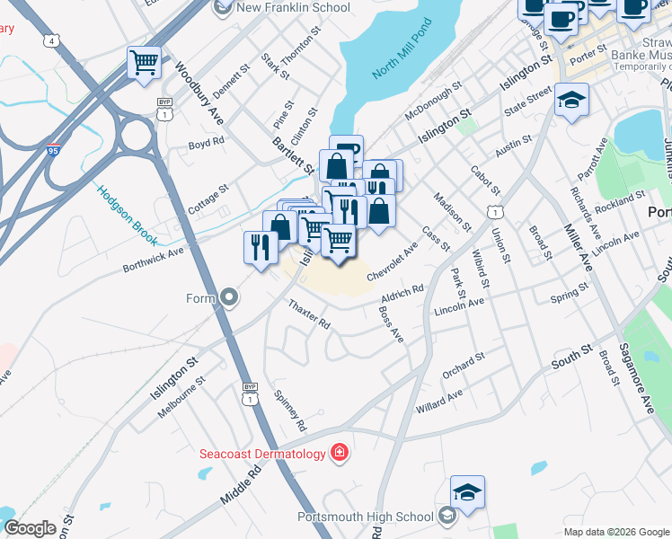 map of restaurants, bars, coffee shops, grocery stores, and more near 800 Islington Street in Portsmouth