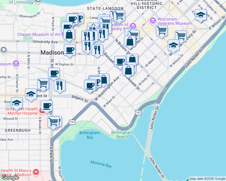 map of restaurants, bars, coffee shops, grocery stores, and more near 612 West Main Street in Madison
