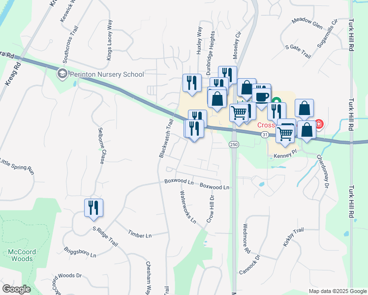 map of restaurants, bars, coffee shops, grocery stores, and more near 12 Blackwatch Trail in Fairport