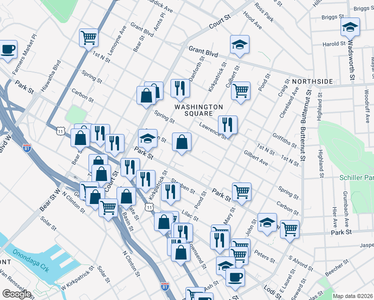 map of restaurants, bars, coffee shops, grocery stores, and more near 637 Carbon Street in Syracuse