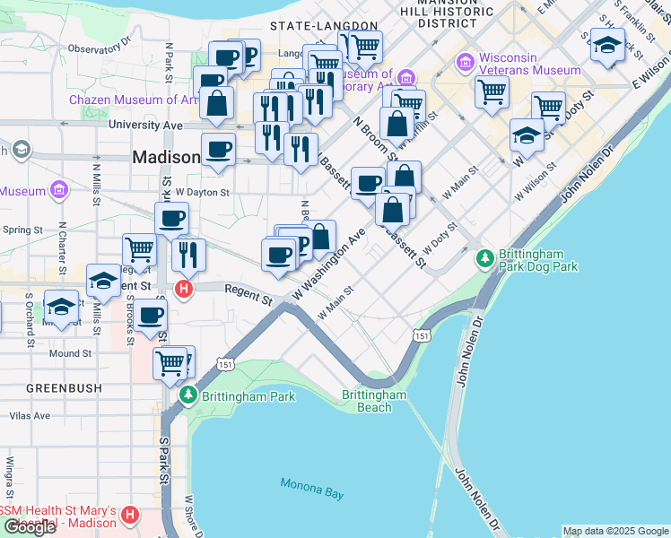 map of restaurants, bars, coffee shops, grocery stores, and more near 615 West Washington Avenue in Madison