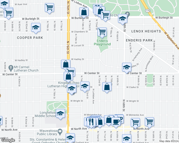 map of restaurants, bars, coffee shops, grocery stores, and more near 7256 West Center Street in Wauwatosa