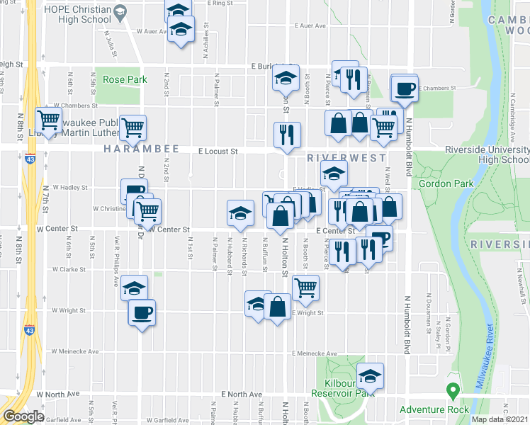 map of restaurants, bars, coffee shops, grocery stores, and more near North Buffum Street in Milwaukee