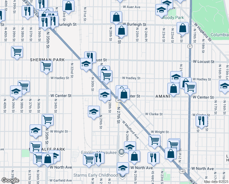 map of restaurants, bars, coffee shops, grocery stores, and more near 2708 West Center Street in Milwaukee