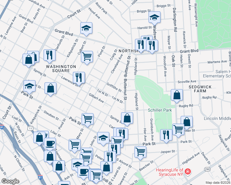 map of restaurants, bars, coffee shops, grocery stores, and more near 120 1st North Street in Syracuse
