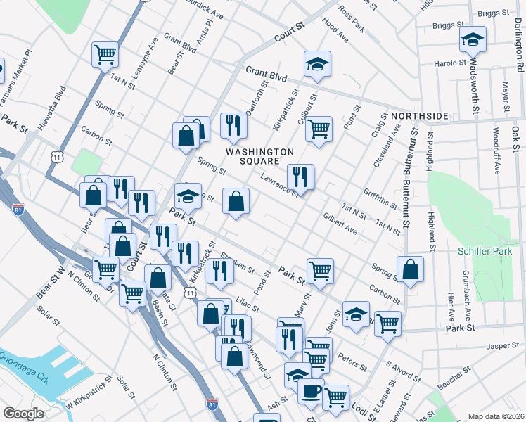 map of restaurants, bars, coffee shops, grocery stores, and more near 115 Spring Lane in Syracuse