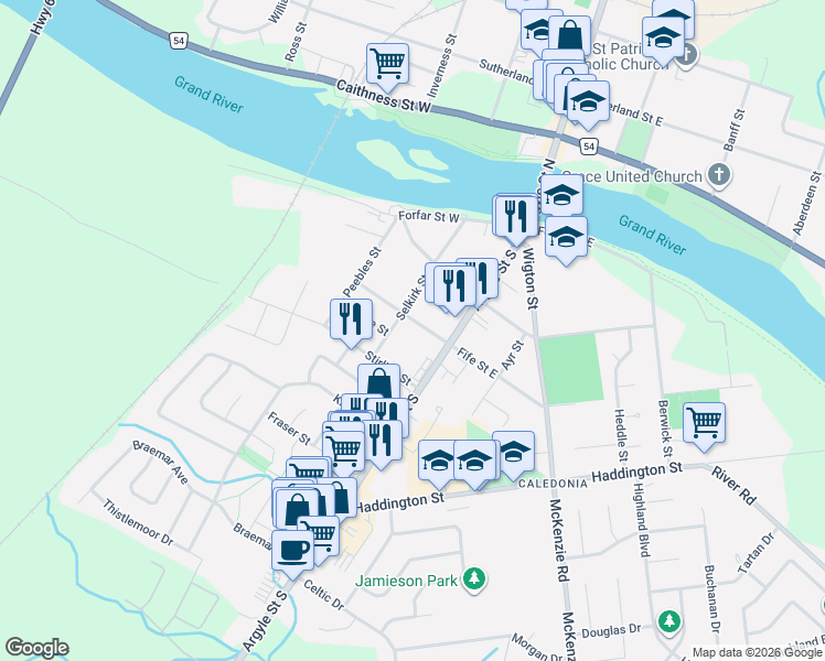 map of restaurants, bars, coffee shops, grocery stores, and more near 41 Fife Street West in Caledonia