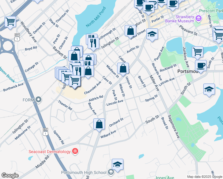 map of restaurants, bars, coffee shops, grocery stores, and more near 45 Park Street in Portsmouth