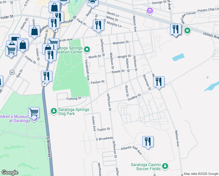 map of restaurants, bars, coffee shops, grocery stores, and more near 112 Crescent Street in Saratoga Springs
