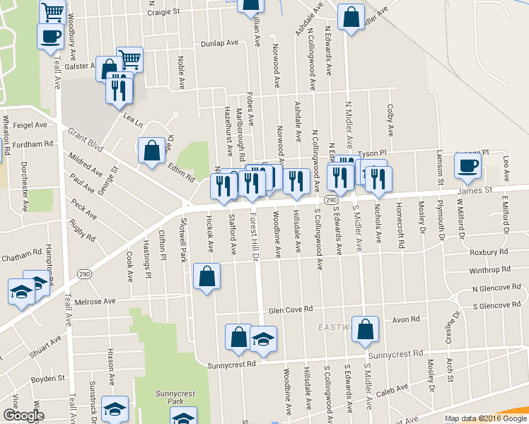 map of restaurants, bars, coffee shops, grocery stores, and more near 118 Woodbine Avenue in Syracuse